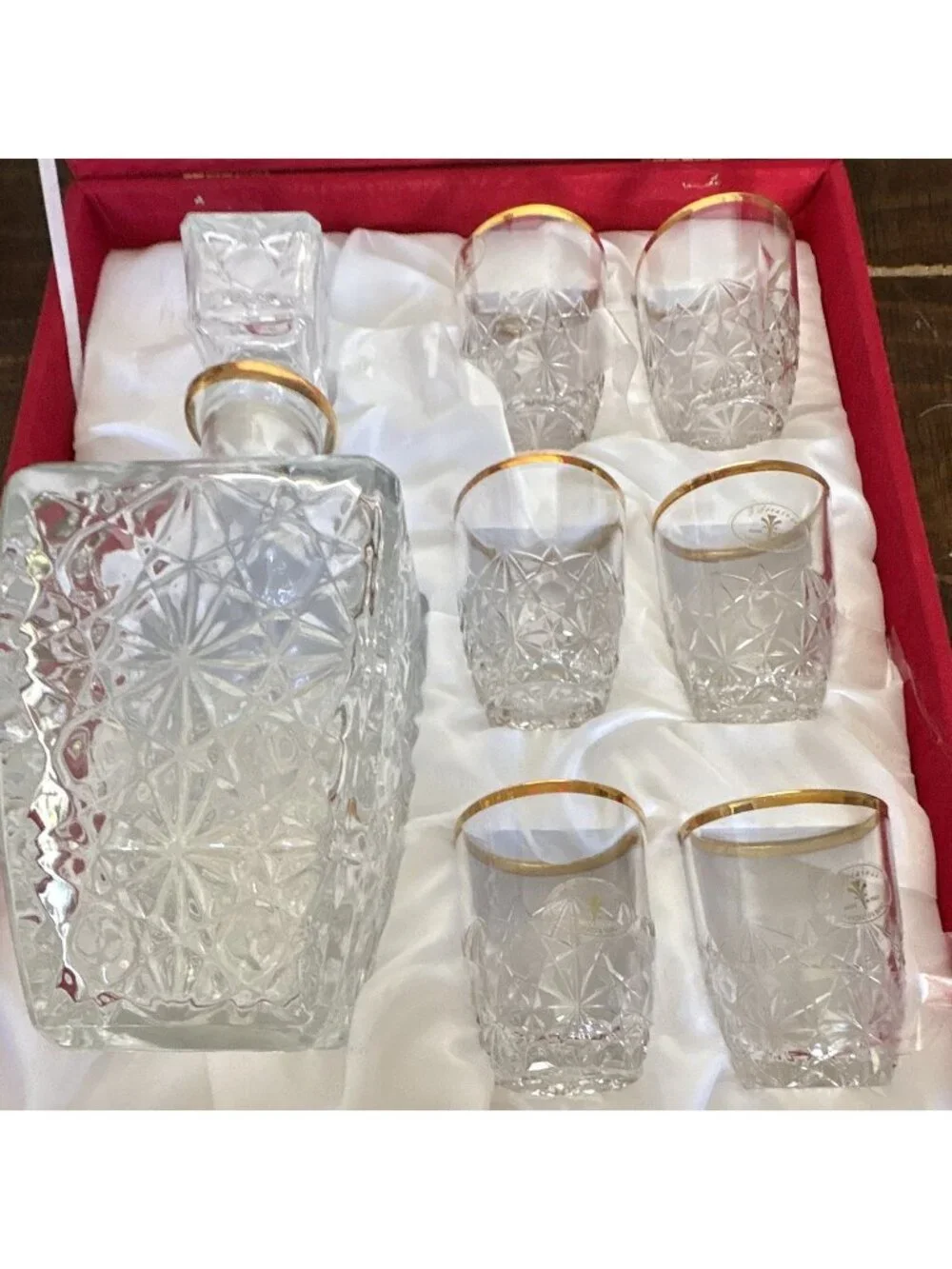 C.F. Design i Preziosi Crystal Decanter Set 6 Glasses Gold Rim Stopper Box-ITALY